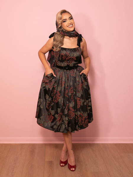 1950s Satin Swing Sundress and Scarf in Black Vintage Roses 1950s Satin Swing Sundress and Scarf in Black Vintage Roses