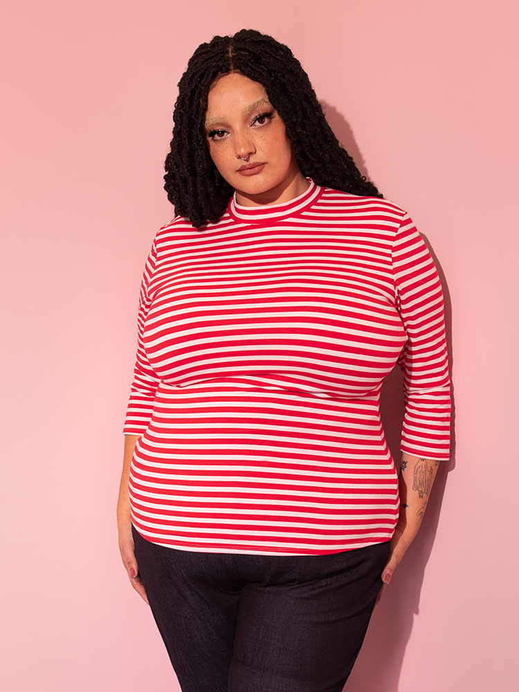 Bad Girl 3/4 Sleeve Top in Red and White Stripes - Vixen by Micheline Pitt