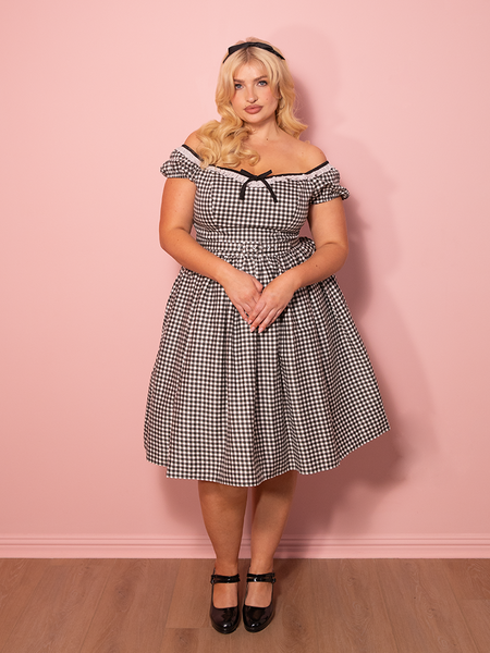PRE-ORDER - Bardot Beauty Swing Dress in Black Gingham - Vixen by Micheline Pitt 4X PRE-ORDER - Bardot Beauty Swing Dress in Black Gingham - Vixen by Micheline Pitt 4X