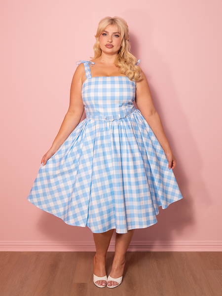 Dream-House Swing Dress and Matching Bow in Baby Blue Gingham