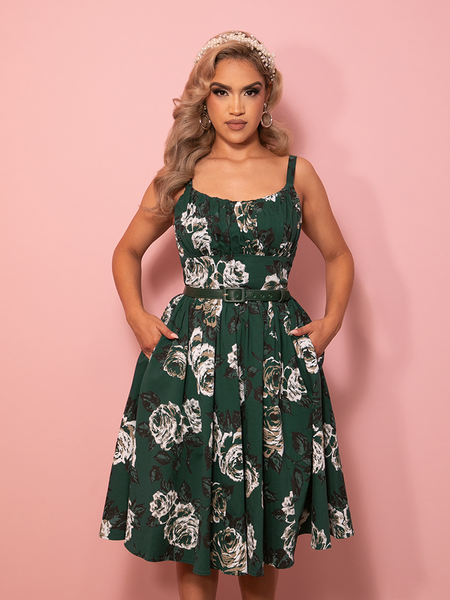 Ingenue Swing Dress in Vintage Green Rose Print | Retro Style