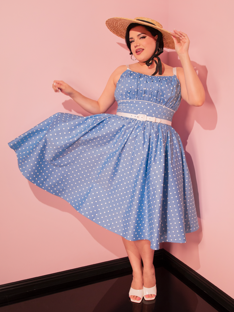 *PRE-ORDER - Ingenue Swing Dress in Light Blue w/White Polka Dots - Vixen by Micheline Pitt