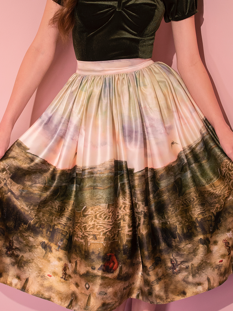 A captivating model brings the LABYRINTH™ Renaissance Skirt in the Labyrinth Watercolor Print to life, embracing the vintage-inspired style.