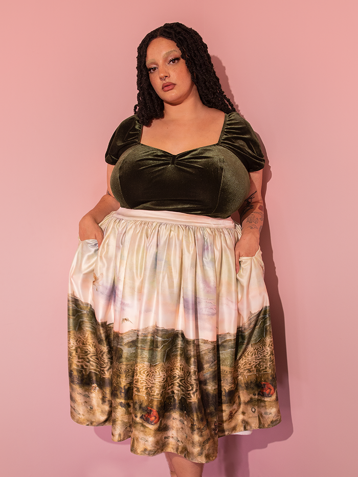 A stunning model gracefully flaunts Vixen Clothing's LABYRINTH™ Renaissance Skirt in the enchanting Labyrinth Watercolor Print, epitomizing the retro charm.