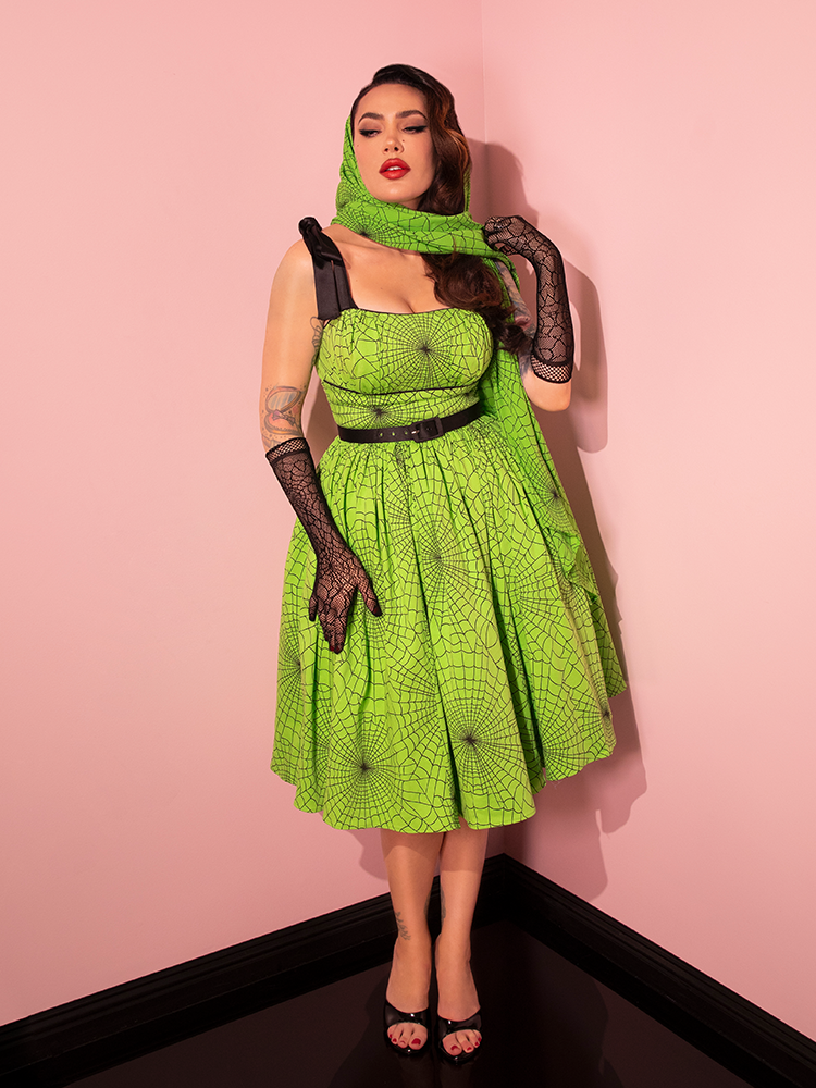 1950s Swing Sundress and Scarf in Slime Green Spider Web Print - Vixen by Micheline Pitt