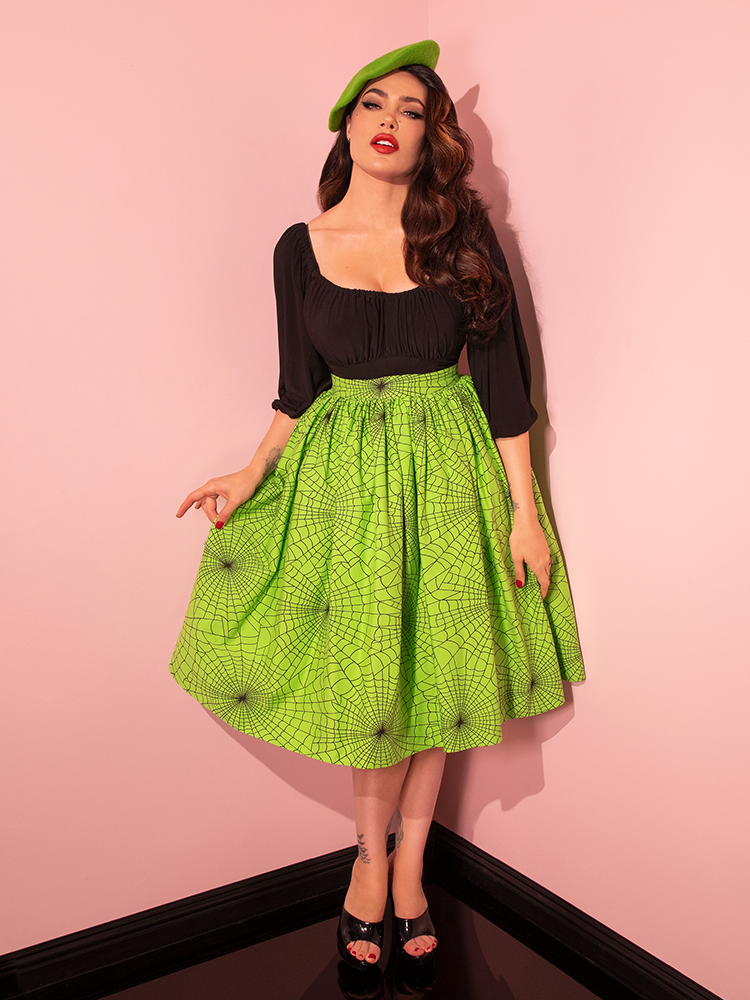 Vixen Swing Skirt in Slime Green Spider Web Print - Vixen by Micheline Pitt