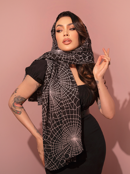 1950s Inspired Chiffon Scarf in Black Spider Web Print | Retro