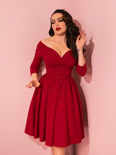 red midi dress with sleeves Starlet Swing Dress in Ruby Red