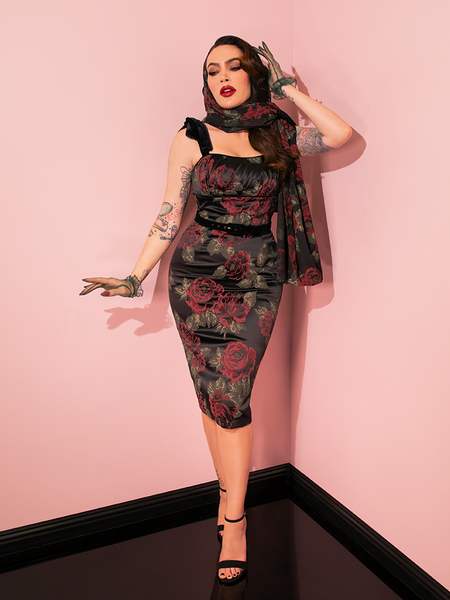 PRE-ORDER - 1950s Satin Wiggle Sundress and Scarf in Black Vintage Roses -  Vixen by Micheline Pitt