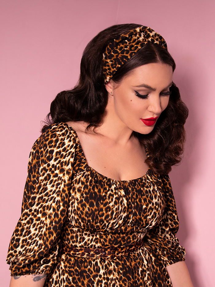 Channeling her inner Sofia Loren, Micheline Pitt stuns in an all leopard print ensemble including the Vintage Style Knot Headband in Leopard Print.