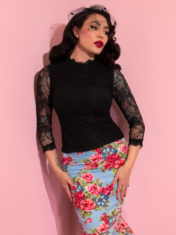 Micheline Pitt modeling the Artistique Top in Black Lace from retro style clothing company Vixen Clothing.