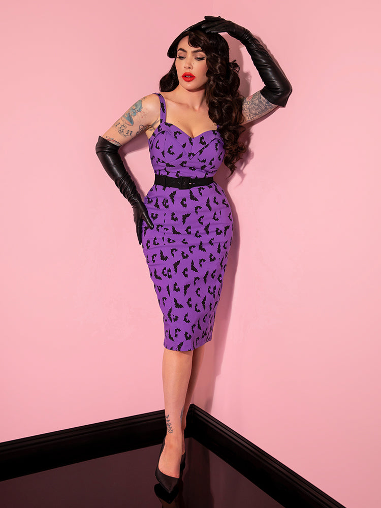 The Maneater Wiggle Dress in Bat Print from retro dress company Vixen Clothing.