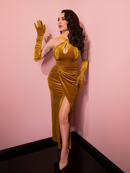 NON-DAMAGED BACKLOT - Golden Era Gown and Glove Set in Gold Velvet