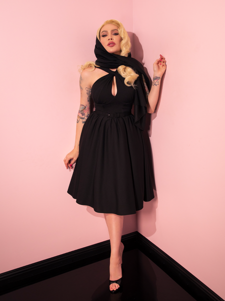 black and gold swing dress V Neckline Black and Gold Print Swing Dress | Crosena