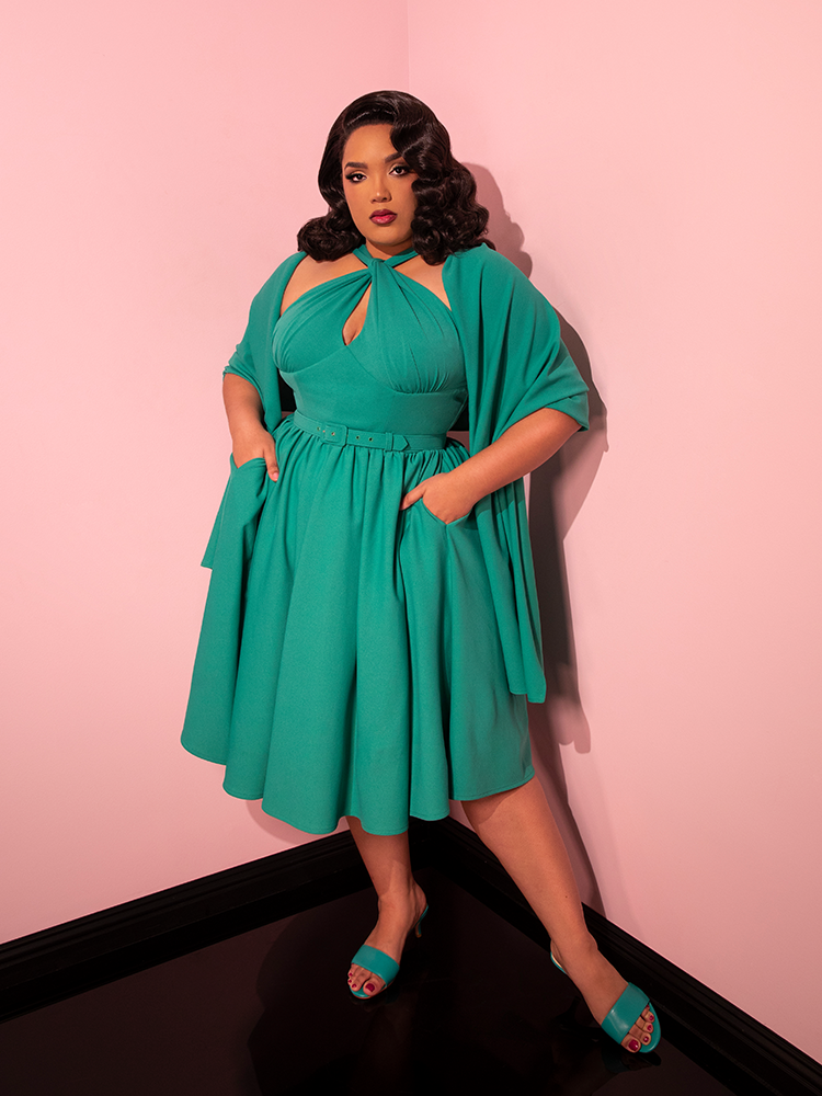 PRE-ORDER - Golden Era Swing Dress and Scarf in Teal - Vixen by Micheline Pitt