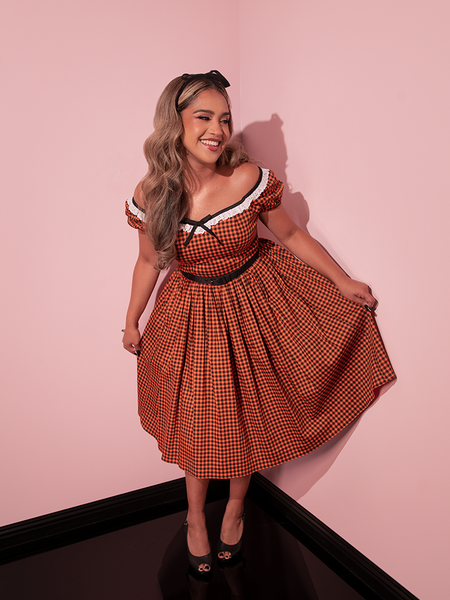 Bardot Beauty Swing Dress in Orange Pumpkin Gingham Retro