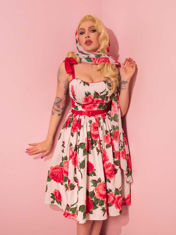 1950s Swing Sundress and Scarf in Red Vintage Roses - Vixen by Micheline Pitt