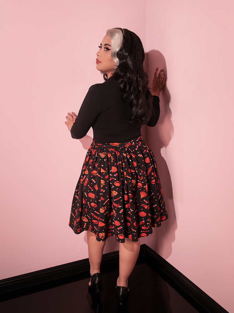 The back of the TRICK R TREAT™ Skater Skirt in Candy Corn Novelty Print from retro clothing brand Vixen Clothing.