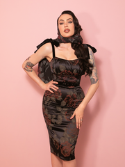PRE-ORDER - 1950s Satin Wiggle Sundress and Scarf in Black Vintage Roses - Vixen by Micheline Pitt