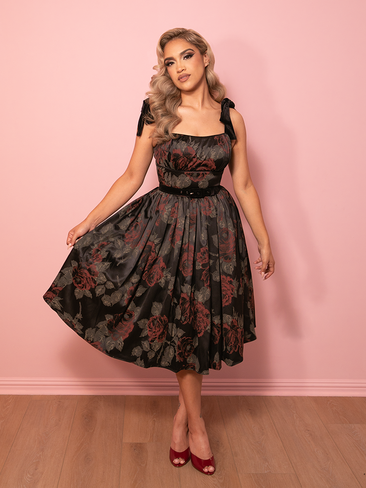 1950s Satin Swing Sundress and Scarf in Black Vintage Roses - Vixen by Micheline Pitt M 1950s Satin Swing Sundress and Scarf in Black Vintage Roses - Vixen by Micheline Pitt M