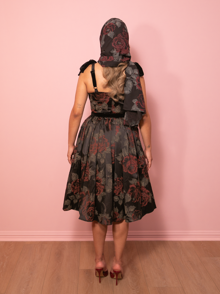 1950s Satin Swing Sundress and Scarf in Black Vintage Roses - Vixen by Micheline Pitt M 1950s Satin Swing Sundress and Scarf in Black Vintage Roses - Vixen by Micheline Pitt M