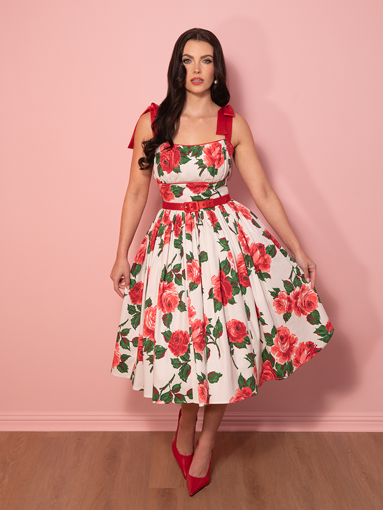 1950s Swing Sundress and Scarf in Red Vintage Roses - Vixen by Micheline Pitt