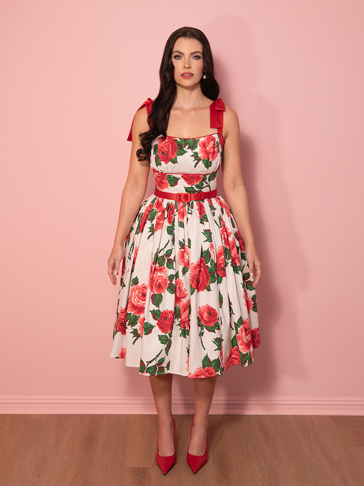 1950s Swing Sundress and Scarf in Red Vintage Roses - Vixen by Micheline Pitt