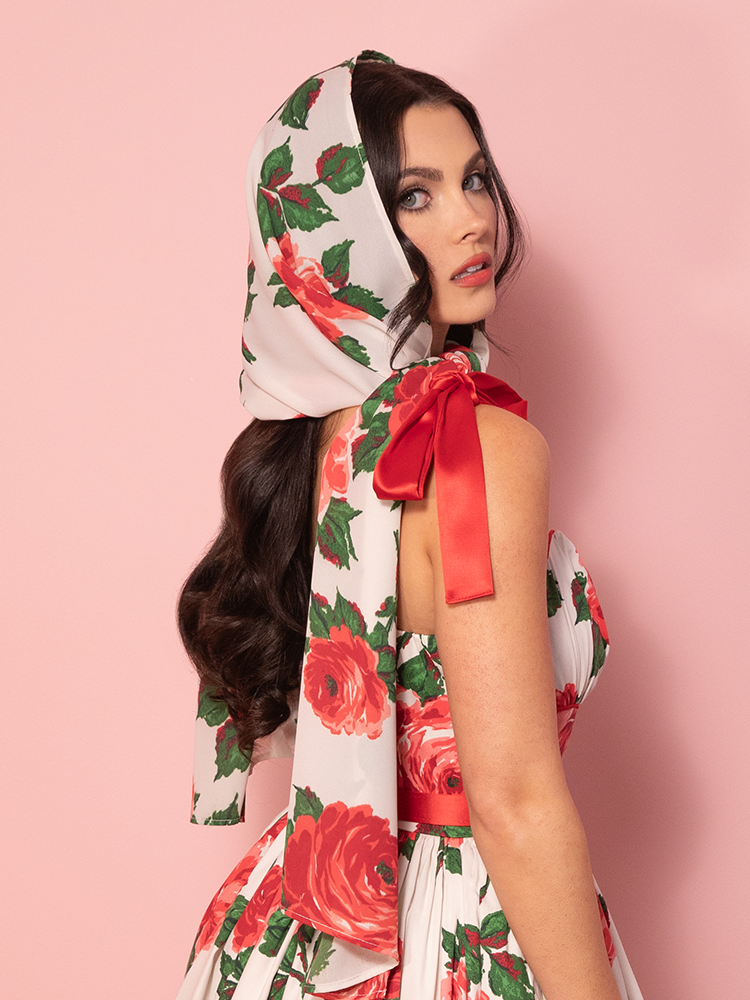 1950s Swing Sundress and Scarf in Red Vintage Roses - Vixen by Micheline Pitt