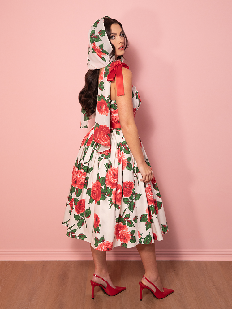 1950s Swing Sundress and Scarf in Red Vintage Roses - Vixen by Micheline Pitt
