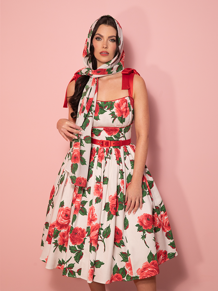 1950s Swing Sundress and Scarf in Red Vintage Roses - Vixen by Micheline Pitt