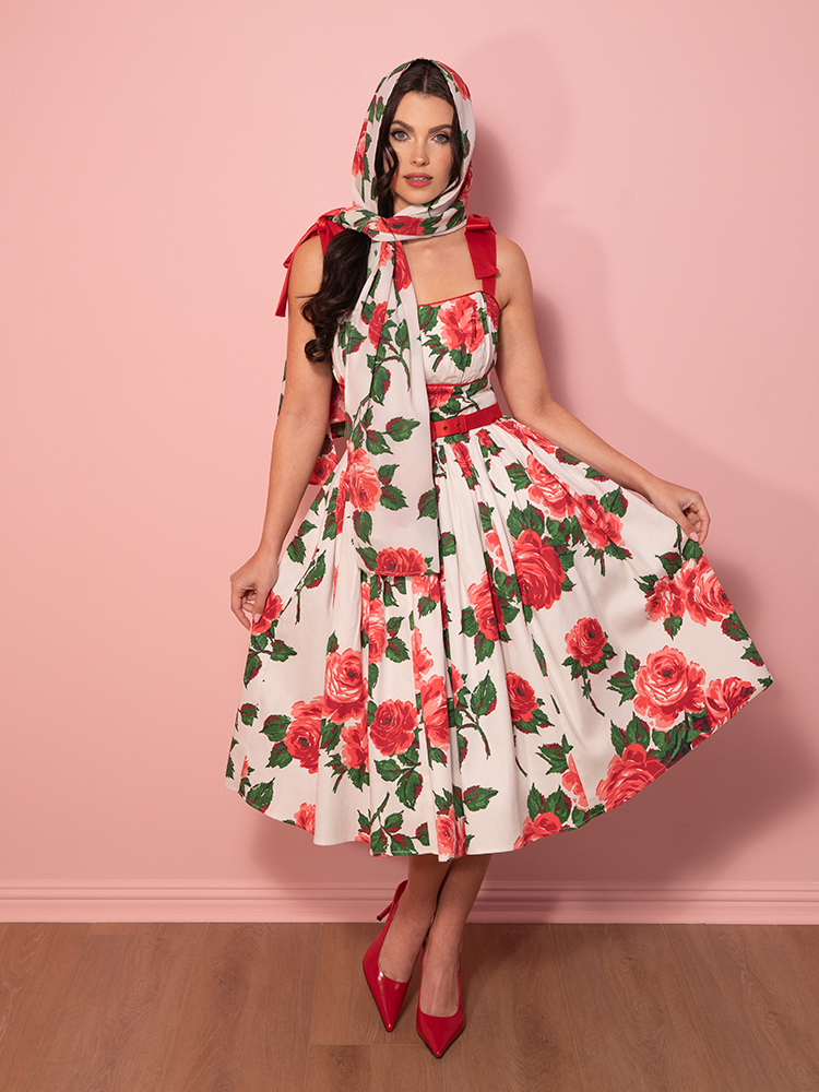 1950s Swing Sundress and Scarf in Red Vintage Roses - Vixen by Micheline Pitt