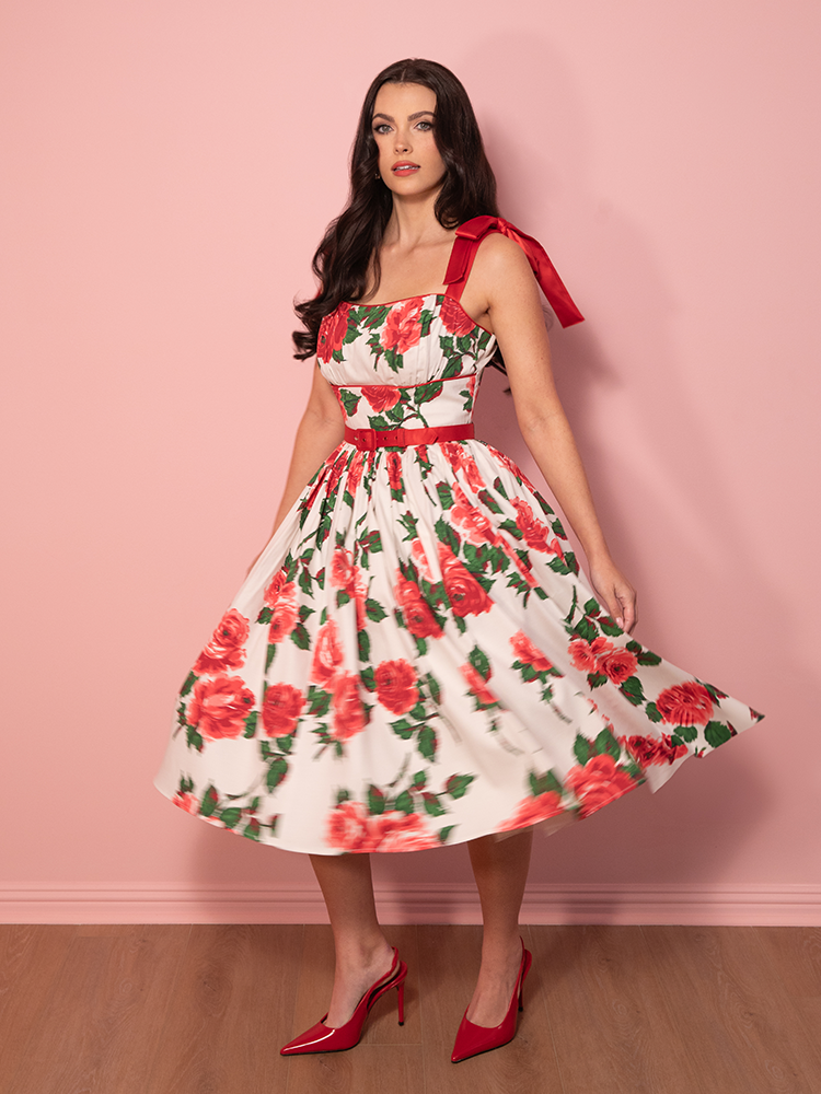 1950s Swing Sundress and Scarf in Red Vintage Roses - Vixen by Micheline Pitt
