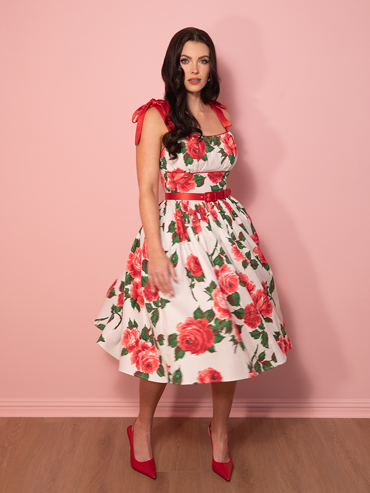 1950s Swing Sundress and Scarf in Red Vintage Roses - Vixen by Micheline Pitt