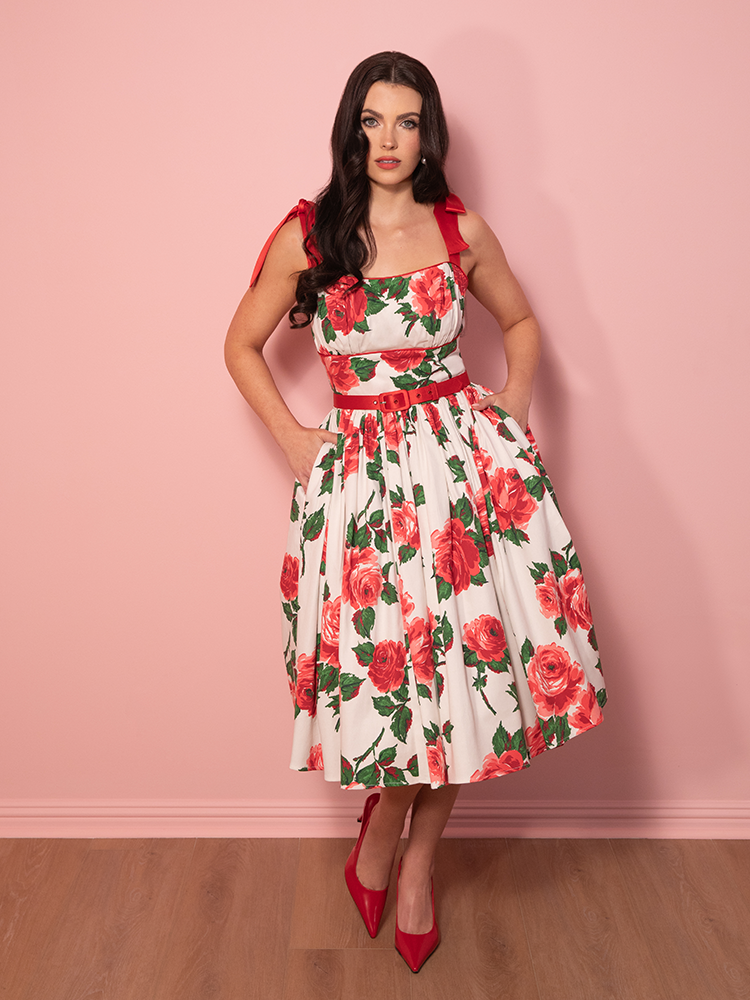 1950s Swing Sundress and Scarf in Red Vintage Roses - Vixen by 1950s Swing Sundress and Scarf in Red Vintage Roses - Vixen by