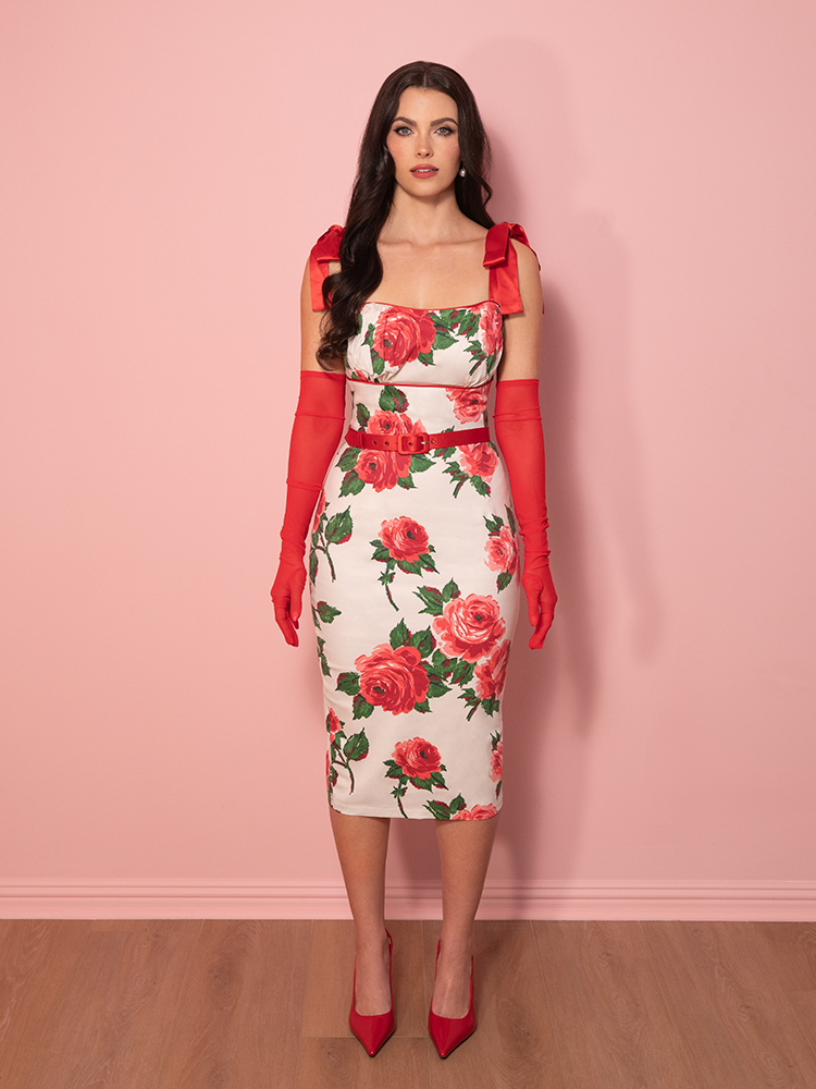 1950s Wiggle Sundress and Scarf in Red Vintage Roses - Vixen by Micheline Pitt