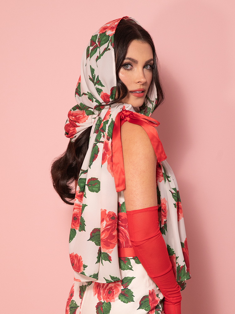 1950s Wiggle Sundress and Scarf in Red Vintage Roses - Vixen by Micheline Pitt