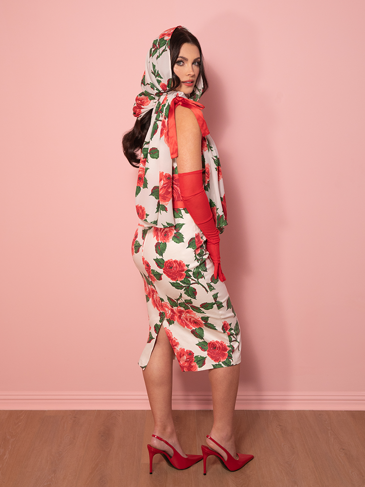 1950s Wiggle Sundress and Scarf in Red Vintage Roses - Vixen by Micheline Pitt
