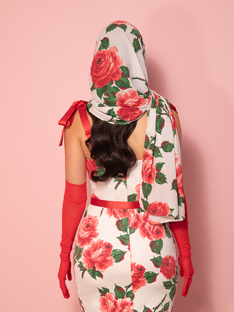 1950s Wiggle Sundress and Scarf in Red Vintage Roses - Vixen by Micheline Pitt