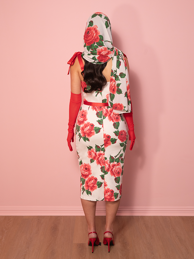 1950s Wiggle Sundress and Scarf in Red Vintage Roses - Vixen by Micheline Pitt