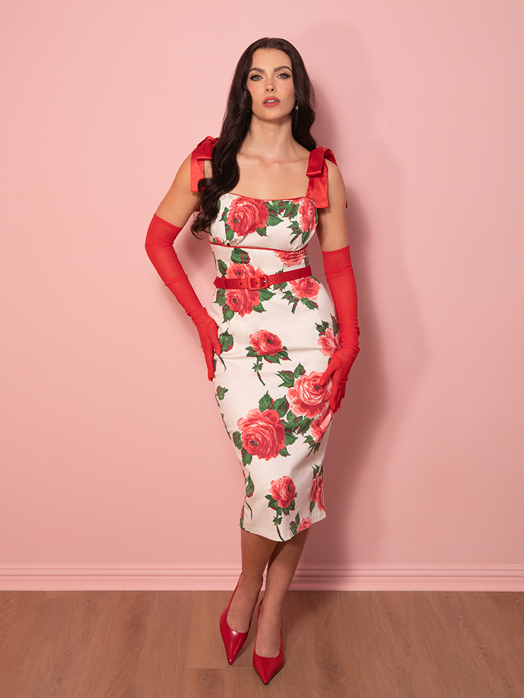 1950s Wiggle Sundress and Scarf in Red Vintage Roses - Vixen by Micheline Pitt