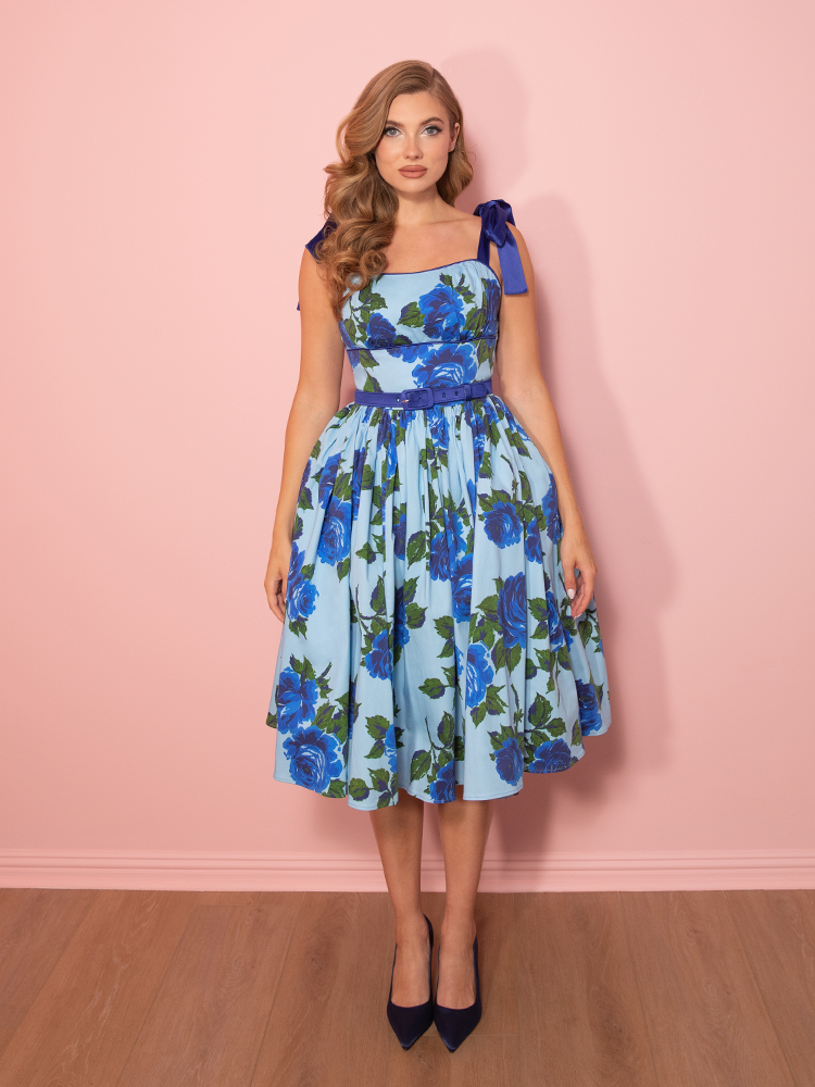 PRE-ORDER - 1950s Swing Sundress and Scarf in Blue Vintage Roses