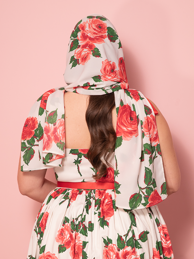 1950s Swing Sundress and Scarf in Red Vintage Roses - Vixen by 1950s Swing Sundress and Scarf in Red Vintage Roses - Vixen by