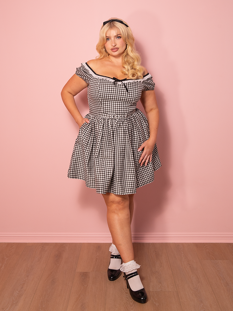 Bardot Beauty Swing Dress in Black Gingham MINI - Vixen by Micheline Pitt M Bardot Beauty Swing Dress in Black Gingham MINI - Vixen by Micheline Pitt M