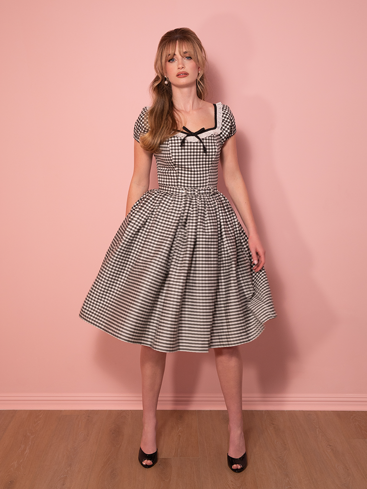 PRE-ORDER - Bardot Beauty Swing Dress in Black Gingham - Vixen by Micheline Pitt 4X PRE-ORDER - Bardot Beauty Swing Dress in Black Gingham - Vixen by Micheline Pitt 4X