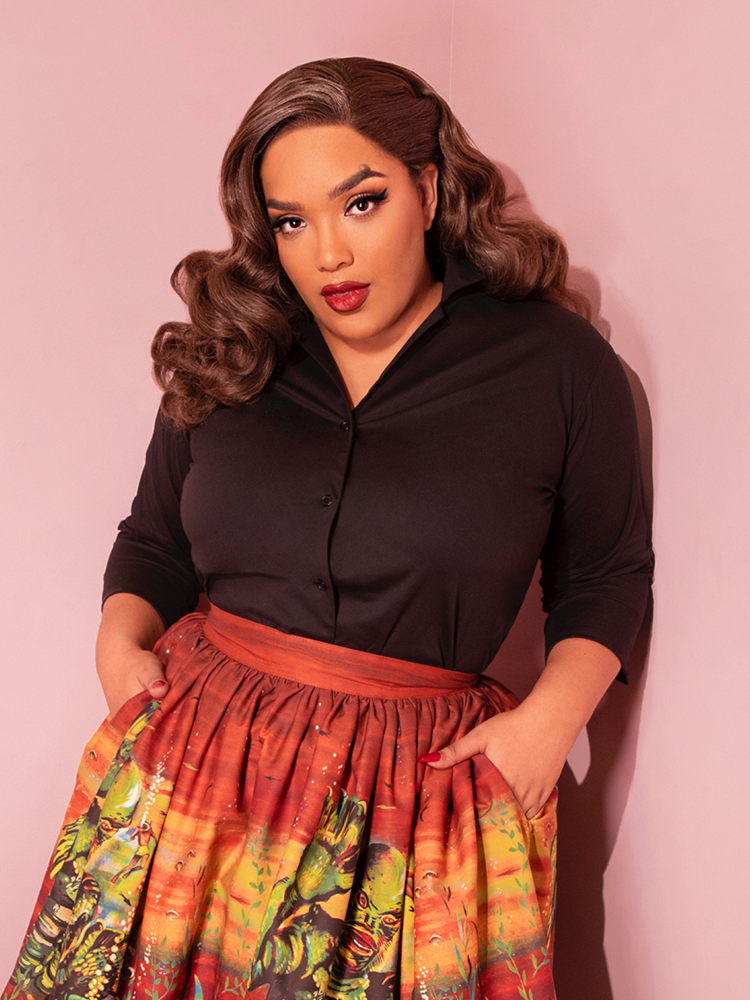 1950 s Vintage Style Button Up Blouse in Black Retro Clothing Vixen by Micheline Pitt