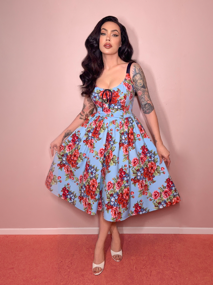 PRE-ORDER - Cottage Corset Dress in Vintage Blue Floral Print