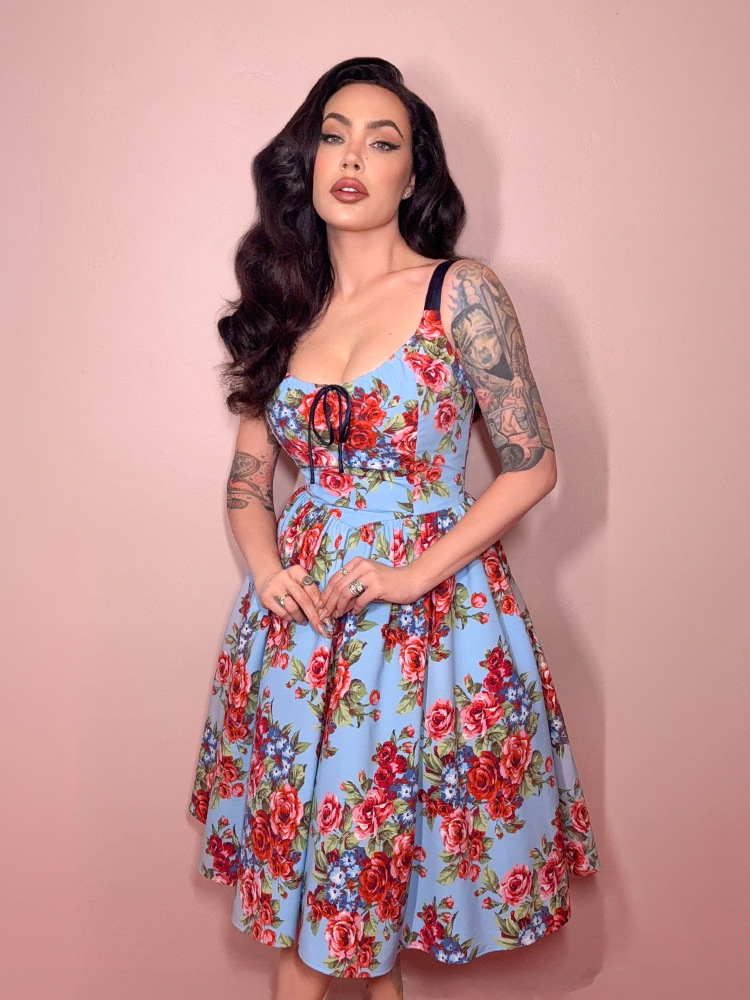 PRE-ORDER - Cottage Corset Dress in Vintage Blue Floral Print