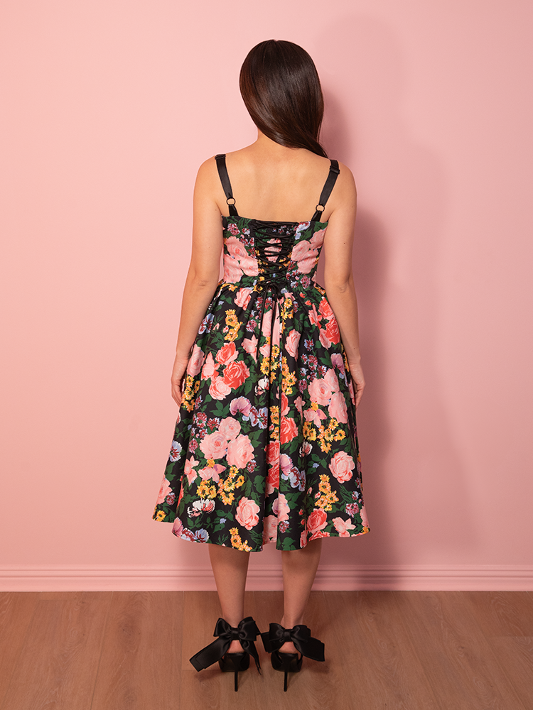 PRE-ORDER - Cottage Corset Dress in Vintage Garden Floral Print in Black