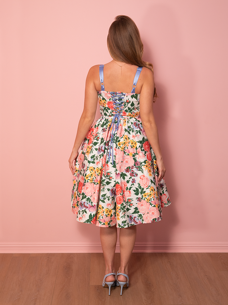 PRE-ORDER - Cottage Corset Dress in Vintage Garden Floral Print in White