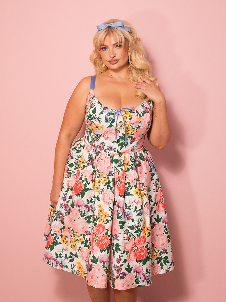 PRE-ORDER - Cottage Corset Dress in Vintage Garden Floral Print in White